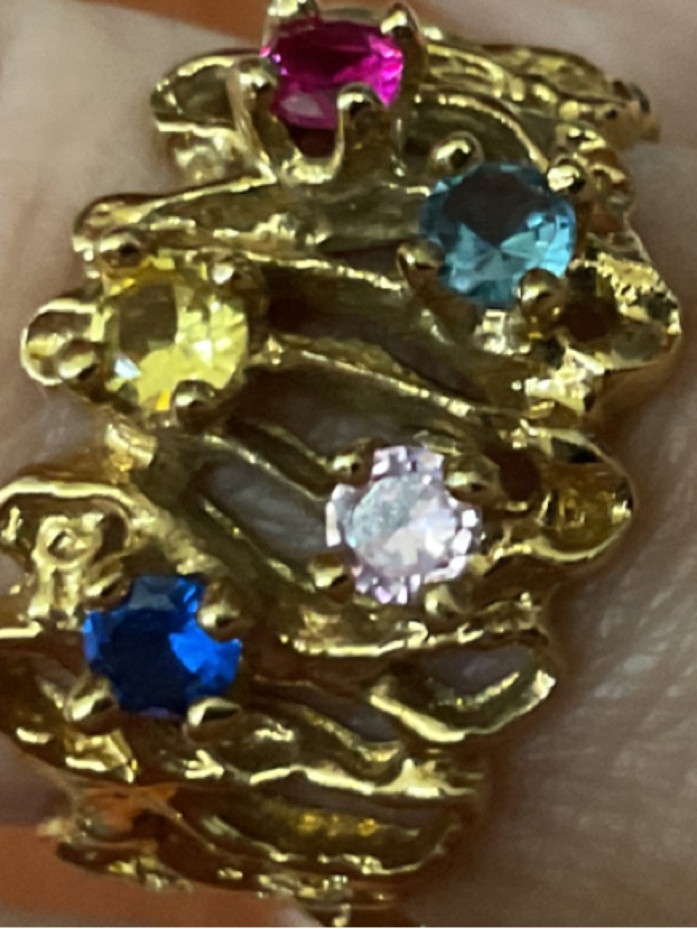 Vintage Signed Epassa 14K Gold Brutalist Multi-Gemstone Nugget Ring